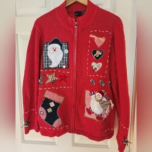 Christmas Holiday Sweater Size Large Ramie Cotton Red Santa Snowman  Patchwork